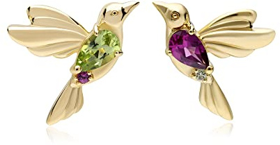 ECFEW™ 'The Creator' Mismatched Peridot & Rhodolite Hummingbird Stud Earrings Gold Plated Sterling Silver by Gemondo Jewellery