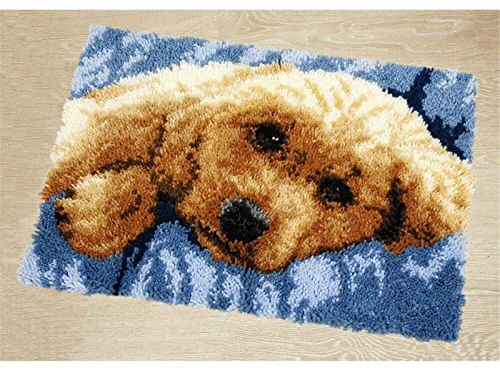 VIONNPPT Karikatur Hund Knüpfteppich Zum Selber Knüpfen DIY Stickkissen Teppich, Unfinished Häkelteppich Set mit Vordruck, Latch Hook Kits für Kinder Erwachsene (Teddy,50cmx38cm)
