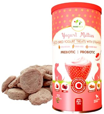 Pawfect Yogurt Melties Freeze-Dried Pre and Probiotic Dog Treats with Yogurt, Strawberry, Apple, Burdock Root and Papaya - Gut Health - Low Calorie Snacks - Grain-Free Dog Training Treats (38g/1.34oz)