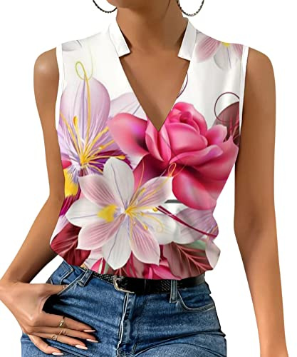 ORANDESIGNE Débardeur Femme Chic Et Élégant Top Chemisier Sexy Blouse Ample Haut Été sans Manches Tee Shirt Col V Fluide Mode Casual Chemise Classique Debardeur Travail Camisole A 14 S