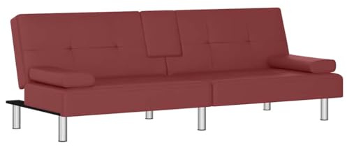 vidaXL Schlafsofa mit Getränkehaltern, Sofa mit verstellbaren Rückenlehnen, Couch für Wohnzimmer, Schlafcouch Bettsofa Sofabett Metallfüße, Rot Kunstleder