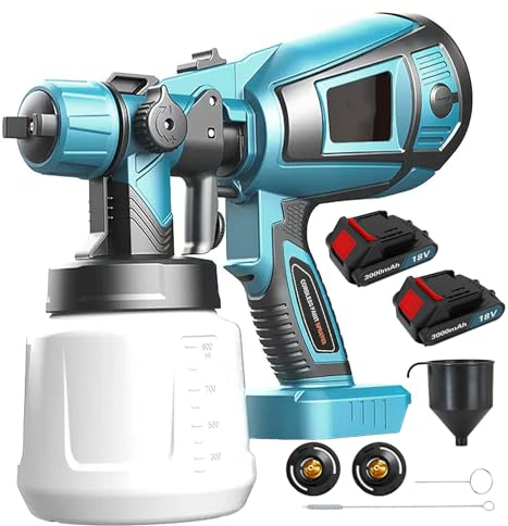 Cordless Paint Sprayer with 2PCS 3000mAh Battery, Fence Paint Sprayer with 3 Nozzles & 1000ml Detachable Tank, 3 Spray Patterns, HVLP Spray Gun for Pattern,Glazes and Fence Spray