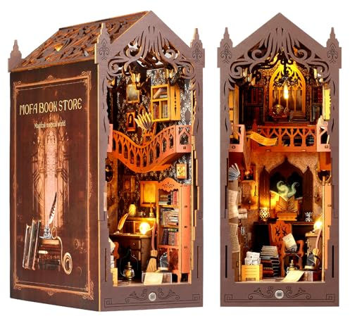 Cuteefun Book Nook DIY holzbausatz, Miniatur Puppenhaus Kit, Buchstützen Modell Holzbausatz, Buchstützen aus Holz, Geschenk zum Geburtstag (Magische Bibliothek)