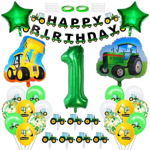 1 Geburtstags Deko Jahre Junge Traktor Geburtstag Dekoration Bagger Ballon Deko Cake Topper Trecker Happy Birthday Banner Luftballon Zahl 1. Geburtstagsdeko für Babydusche Jungen Party Dekoration