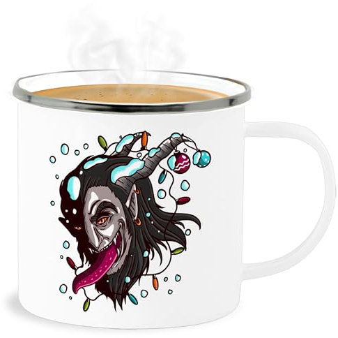 Emaille Becher Blechbecher - Weihnachtstasse Tasse Weihnachten - Krampus mit Weihnachtsdeko - 300 ml - Weiß Silber - weihnachtstassen christmas weihnachtsmotiv weihnachts weihnachtsmotiven