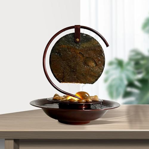 Weejian Indoor Waterfall Tabletop Moon Fountain, Home Décor Soothing Rain Sound Meditation Relaxing Fountains, Nature Slate Water Feature with Light for Room Office Table Decoration-34cm Tall
