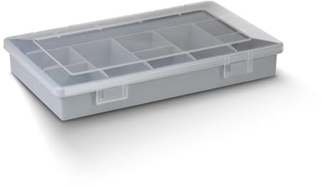 TOX Maletín surtido de plástico robusto, 9 compartimentos, división fija, caja clasificadora para el almacenamiento claro de piezas pequeñas gracias a la tapa transparente, gris, 1 pieza, 094900909