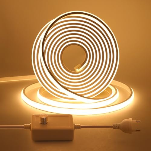 KISUFU 220V Ruban LED COB, Flexible Led Bande Neon Bandeau avec Gradateur,Étanche IP65 LED Bande Lumineuse pour Chambre, Jardin, Plafond Décoration,1M,Blanc chaud