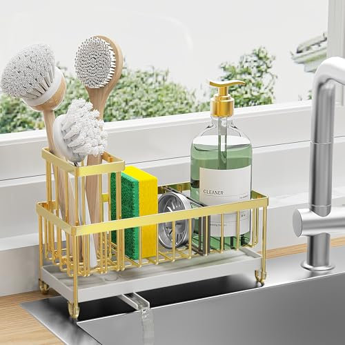 Cisily Gold Sponge Holder for Kitchen Sink, Sink Caddy Organizer with High Brush Holder, Kitchen Countertop Organizers and Storage Essentials, Rustproof 304 Stainless Steel, Soap Dispenser Organize