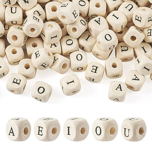 FASHEWELRY 250 Holzperlen mit Buchstaben des Alphabets, 12 mm, würfelförmig, Buchstaben A, E, I, O, U, Distanzhalter, quadratisch, aus Holz, für DIY-Halsketten, Armbänder, Schlüsselanhänger, Kreation