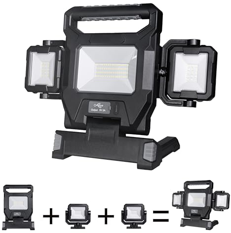 LaapDak 3-in-1 LED Arbeitsleuchte, Akku Baustrahler, 50W, 6500lm, IP54,5500K, Wasserdichtes Arbeitsscheinwerfer Bauscheinwerfer, für Werkstatt oder Baustelle, Garage