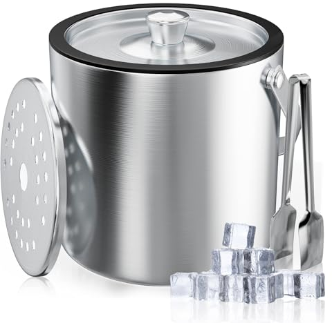 2L Eiskübel Edelstahl, Eiswürfelbehälter Edelstahl, Eiskühler mit Deckel und Zange, Doppelwandiger Eiswürfelbehälter mit Abtropfsieb, Lsolierter Eiseimer für Bier Sekt Wein, Kann Eiswürfel Geben