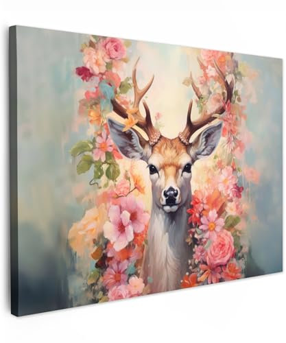 MuchoWow© Leinwand 40x30 cm Deko Schlafzimmer Aesthetic Leinwandbilder Wohnzimmer Gemälde Foto Geschenk Living Room Decoration Hirschkopf Wanddeko Hirsch Bild - Reh - Blumen - Rosa