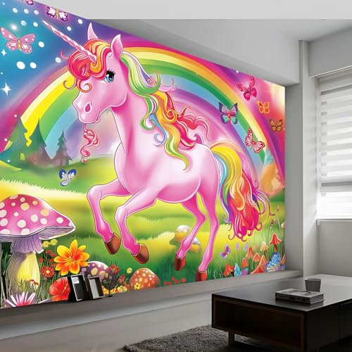 Wandtapete Tier-Einhorn-Schmetterling-Regenbogen Fototapete, Bunt Vliestapete Bild Dekoration Wand-Dekor, 350 x 256 cm (W x H) Tapete Panorama Poster Für Mädchen, Jungs Schlafzimmer Wohnzimmer
