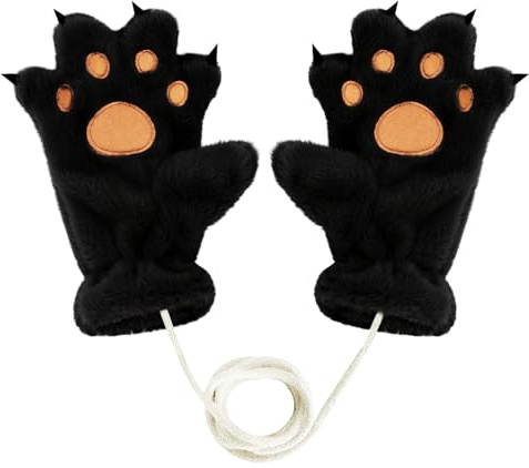 JIAHG Women Girls Cute Faux Fur Bear Paw Gloves Warm Plush Gloves with String Five Fingers Cozy Furry Cat Animal Claw Gloves Costume Handswear for Winter Warmth & Halloween & Fancy Dress Party