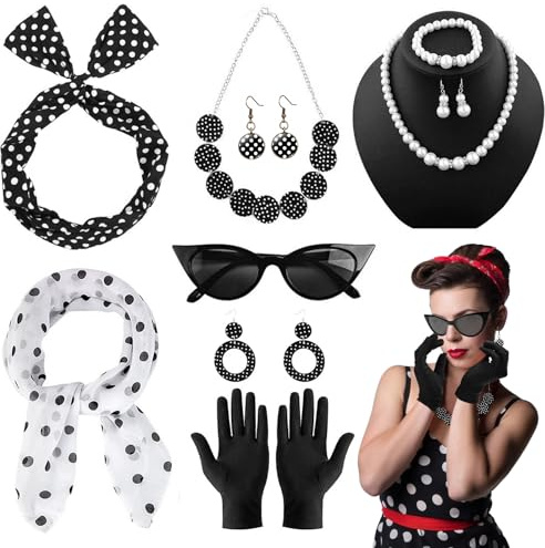 HUYUE 50er Jahre Rockabilly Accessoires Damen Kostüm mit Handschuhe Stirnband Schal Chiffon 1950s Kostüm Rockabilly Accessoires für Party Fasching (9 Stück)