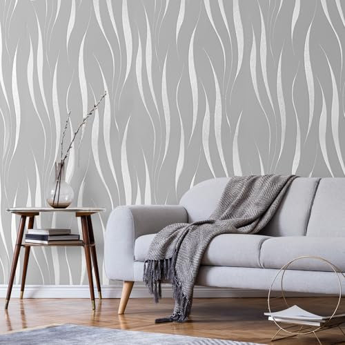 Baketron Grey Wallpaper Silver Glitter Textured 3D Effect Embossed Wallpapers Abstract Wave Stripes Wall Paper Roll Modern Feature for Living Room Bedroom Adults Hallway Kitchen Front Room