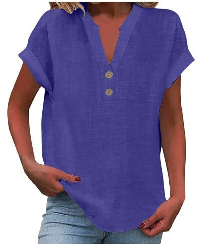 Womens Tops, Ladies Tops 2025 Women's Summer Cotton Linen Cap Sleeve T-Shirt Button V Neck Tunic Top Fashion Baggy Solid Plain Casual Shirts Trendy Blouse