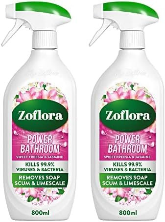 Zoflora Sweet Freesia & Jasmine Power Bathroom Cleaner, Removes Soap Scum, Limescale Remover & Prevention, Antibacterial Multi-Surface Bathroom Spray, Kills 99.9% Of Bacteria & Viruses, 1 X 800 ml