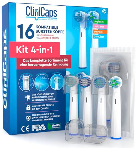16 Aufsteckbürsten Zahnbürstenköpfe Kompatibel mit Oral-B CliniCaps Kit 1 AngleAct 1 CoreClean 1 PinPoint 1 SoftSense Doppelter Schutz mit Aseptikbeutel und Schutzkappe