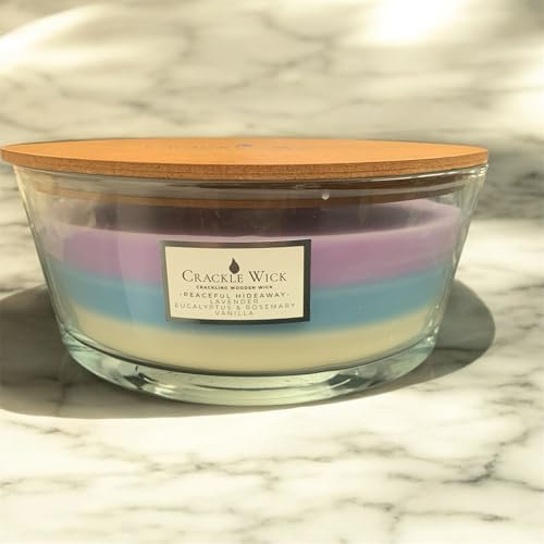 Allglazz CrackleWick Peaceful Hideaway Duftkerze, geschichteter Lavendel, Eukalyptus, Rosmarin und Vanille, Holzdeckel, ideal für Muttertag, Lehrer, Ostern, Geburtstag, Hochzeitsgeschenk