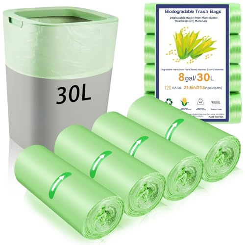 120 x 30Liter Bin Bags, 23.6 * 25.6in/8Gallon Food Waste Bag 4 Roll Green | (60x65cm) Kitchen Bin Liners Food Caddy Bags Caddy Bin Liners for Office Bathroom Kitchen Garbage Bin