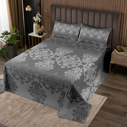Loussiesd Vintage Damast Tagesdecke 240x260cm Oriental Jacquard Damast Steppdecke für Mädchen Grau Floral Bettüberwurf Gothic Bohemia Floral Wohndecke
