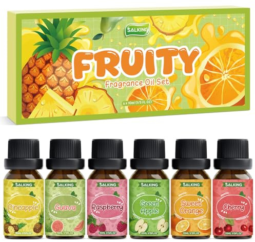 SALKING Fruity Essential Oils Set 6 x 10ML, Fragrance Oil Gift Set Scented Oils for Diffuser Candle Making - Pineapple, Guava, Raspberry, Green Apple, Orange, Cherry