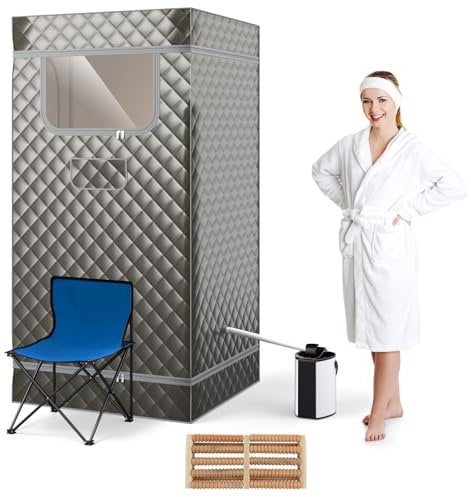 HOMASIS Dampfsauna tragbar, Heimsauna mit Dampfgenerator 3 Liter, Sauna für Zuhause mit Fernbedienung, 9 Temperaturstufen & 9 Timer, Mobiles Saunazelt mit Klappstuhl & Fußmassagegerät (Grau)