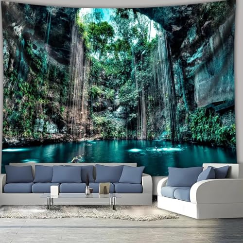 Arsey Tropischer Wasserfall Wandteppich Höhlen-Natur-Schwimmbad Landschaft Fotohintergrund - Dekoratives Hängendes Wandtuch für Wohnzimmer, Schlafzimmer, Büro, Grün, Groß 200 x 150cm