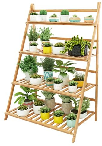 Laneryin Wooden Folding Outdoor Plant Stand, 4 Tier Bamboo Plant Stand For Garden Pots, Tiered Planter Outdoor, Ladder Shelving Unit, Garden Shelf For Office, Balcony, Living Room, Decor