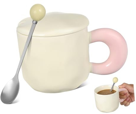 LOPUNER 1 Juego Taza de Cerámica Aesthetic con Tapa y Cuchara Taza de Café y para Hogar y Oficina Uso para Bebidas Calientes