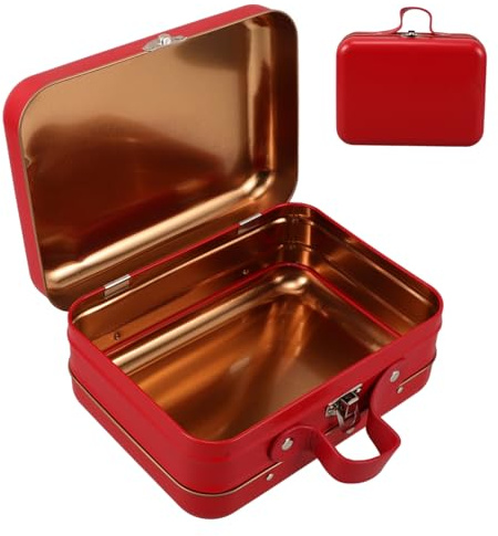 SOLUSTRE Vintage Mini Koffer Aufbewahrungsbox aus Robustem Eisen Vielseitige Metallbox für Kosmetik Elektronik und Werkzeug Platzsparend Rotes Design für Kinderzimmer und Partys