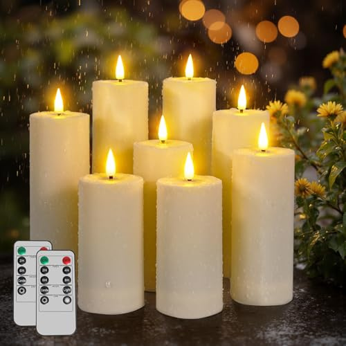 Ketom 8 Pezzi Candele LED Fiamma Oscillante, Candele Finte a Batteria con Telecomando e Timer, Avorio Pilastro Impermeabile Luci Senza Fiamma, D5,5cm, Altezza 13/15/17/20cm, Pile Non Incluse