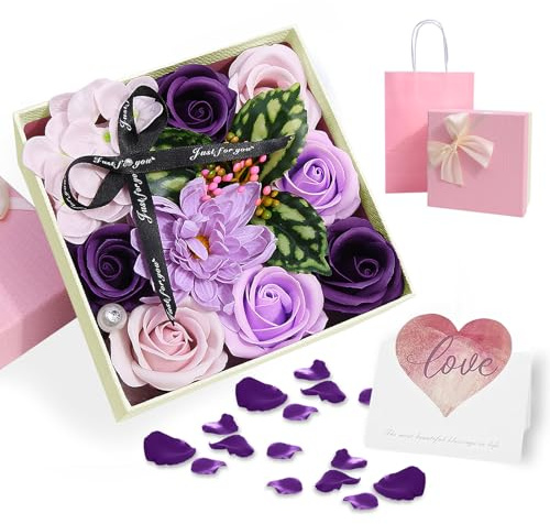 Jinfanshurich Künstliche Rosen Seifenblume Geschenkset – duftende Blumenseife in quadratischer Geschenkbox 15×15×8 cm – Romantisches Valentinstag, Muttertag, Geburtstag & Hochzeits Geschenk (Lila-A)
