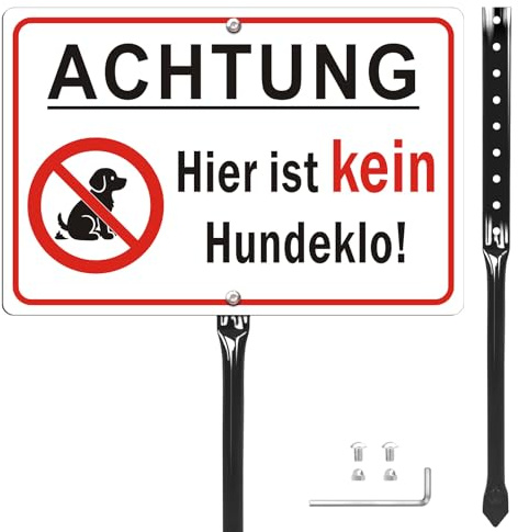 Achtung hier ist kein Hundeklo Schild mit Pfosten, 30 x 20 cm Metall Alu Schild schild hunde kacken verboten Reflektierendes Aluminium groß, UV-geschützt, für den Außen- und geeignet