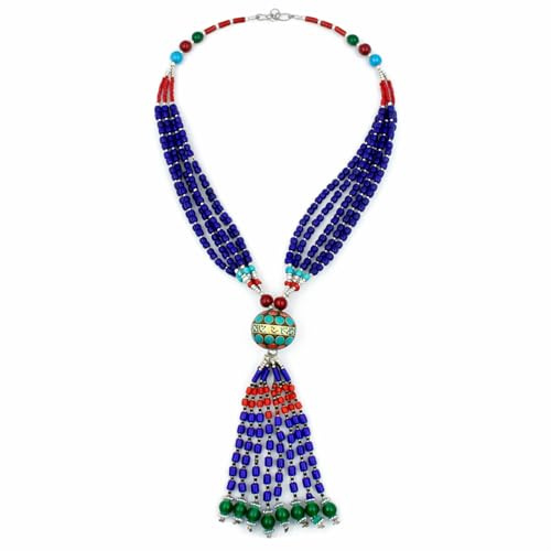 Tibetan Silver Y Halskette Damen Kugel Anhänger Boho Statement Collier Ethno Schmuck Handgefertigte Festival Halskette