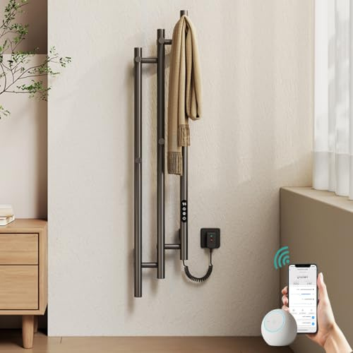 EMKE Elektrischer Handtuchheizkörper 1150 x 216 mm, Design-Handtuchwärmer mit WiFi-App-Steuerung, Badheizkörper mit 6 Haken, 220 W, IP45, Grau