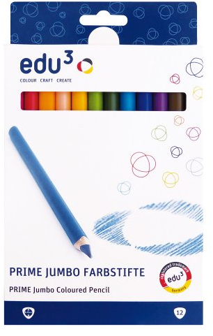 EDU3 Wood Prime Jumbo Dreikant-Buntstift, Kartonbox, Sortiert, 12 Stück, 12 Farben