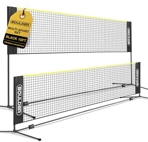 BOULDER Portable Badminton Pickleball Net - Foldable / Extendable Poles for Multiple Sports Heights (UP to 5 ft) - Ideal for Tennis, Pickleball, Soccer Tennis - Easy Setup (Black, 10 FT)