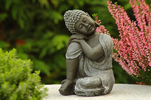 STEINFIGUREN SPICKER Steinfigur Buddha 12cm Hoch 190/1, Gartenfigur Steinguss Basaltgrau Schwarz