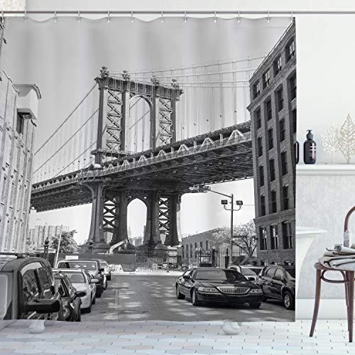 ABAKUHAUS Stadt Duschvorhang, Brooklyn, New York, Stoffliches Gewebe Badezimmerdekorationsset mit Haken, 175 x 180 cm, Charcoal Grau Weiß