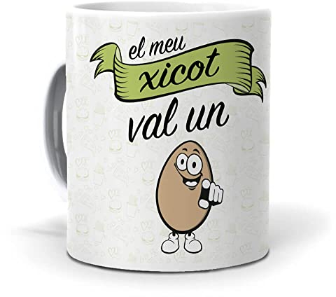mundohuevo Taza Personalizada Regalo Novio, Pareja (en catalán) El MEU xicot Val un ou. Cerámica AAA - 350 ml.
