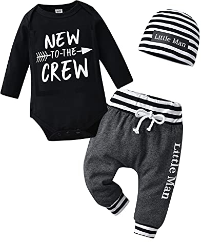 Tinykeke Neugeborenes Baby Jungen Kleidung Langarm Strampler New to The Crew Tops + Hut + Hose 3 tlg Babykleidung Set (0 Monate)
