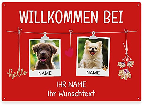 Hunde Schild personalisiert - Willkommen bei - Metallschild mit Foto und Name für außen, wetterfestes Türschild für Hundebesitzer - ca. DIN A4-28 x 20 cm, zwei Tiere, rot