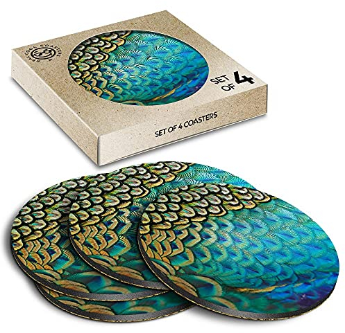 4 x umweltfreundliche Kork-Untersetzer – Federn Pfau Getränkebecher Glas Tischmatte #44250
