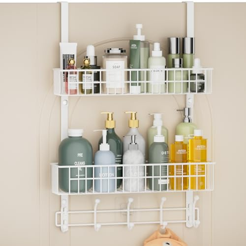 Aimeaihe Over The Door Hooks, Door Hanger Towel Rack with 10 Coat Hooks & 2 Mesh Basket, Over Door Organizer for Bathroom, Bedroom, Kitchen, Office, Easy Installation, White