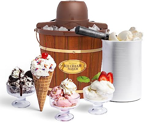 Nostalgia Seau électrique pour crème glacée avec poignée de transport facile, fait 4 litres en quelques minutes, yaourt glacé, gelato, fabriqué à partir de bois véritable