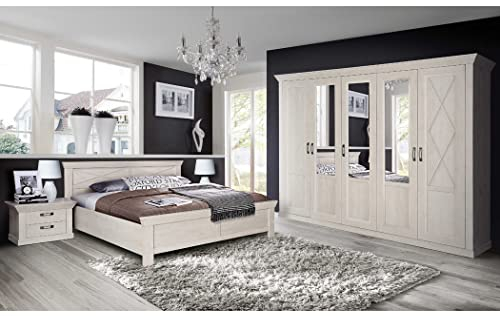 expendio Schlafzimmer Kasimir 73 Pinie weiß Doppelbett 180x200 2X Nachttisch Kleiderschrank Landhausmöbel Landhausstil