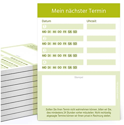 PRINTINO® 10 Terminblöcke je 50 Terminzettel, DIN-A7, für Ärzte, Heilpraktiker, Kosmetik, Physio, Massage (grün, 10 Stück)